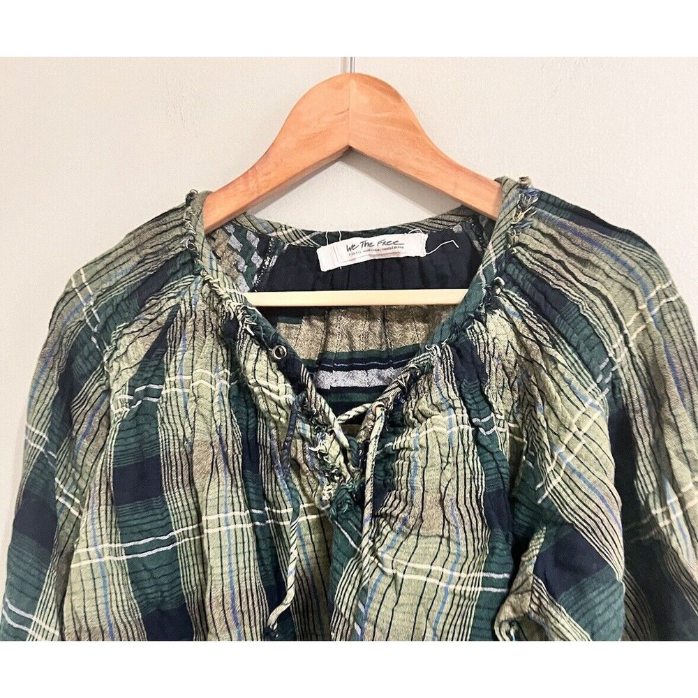 Free People Plaid Tunic Top Oversize Raw Hem Pullover Green Cloudbreaker XS - Picture 4 of 9